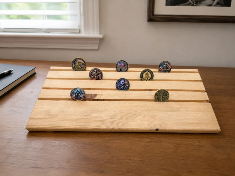 Wooden challenge coin holder with sample coins staged on a home-office desk beside a bright window